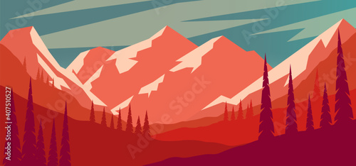 Cartoon mountain landscape in flat style. Design element for poster, card, banner, flyer. Vector illustration