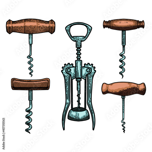 Set of Illustrations of corkscrew in engraving style. Design element for poster, card, banner, sign. Vector illustration