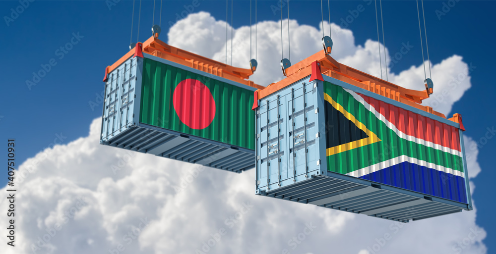 Freight containers with South Africa and Bangladesh flag. 3D Rendering 