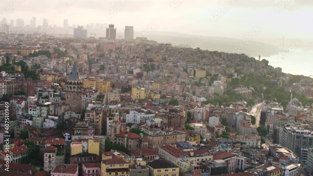 Aerial view of Galata tower, one of the ancient symbols in Istanbul
