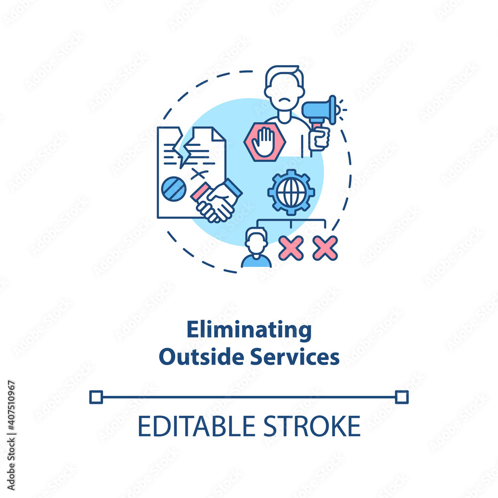 Eliminating outside services concept icon. Cost reduction strategy idea thin line illustration. Value chain components. Profit grow. Vector isolated outline RGB color drawing. Editable stroke Eliminating outside services concept icon. Cost reduction strategy idea thin line illustration. Value chain components. Profit grow. Vector isolated outline RGB color drawing. Editable stroke