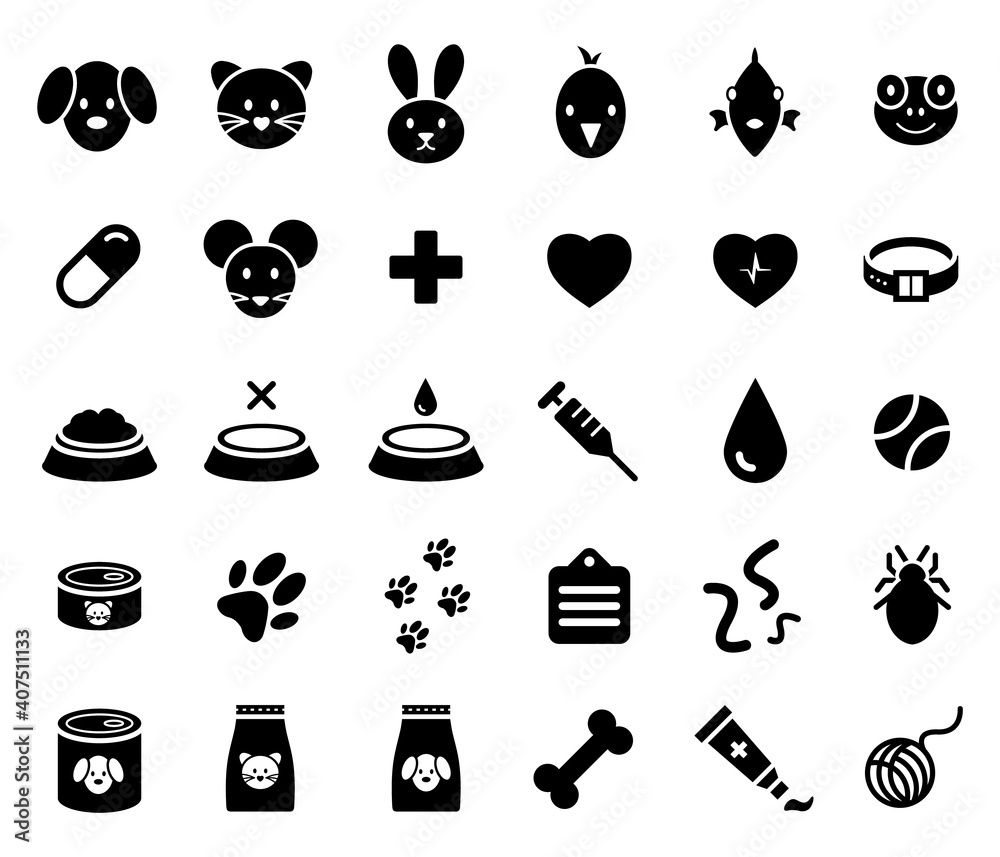 Obraz premium Set of icons for veterinary, animal care or medicine. Faces, food, toys, paws, health and more.