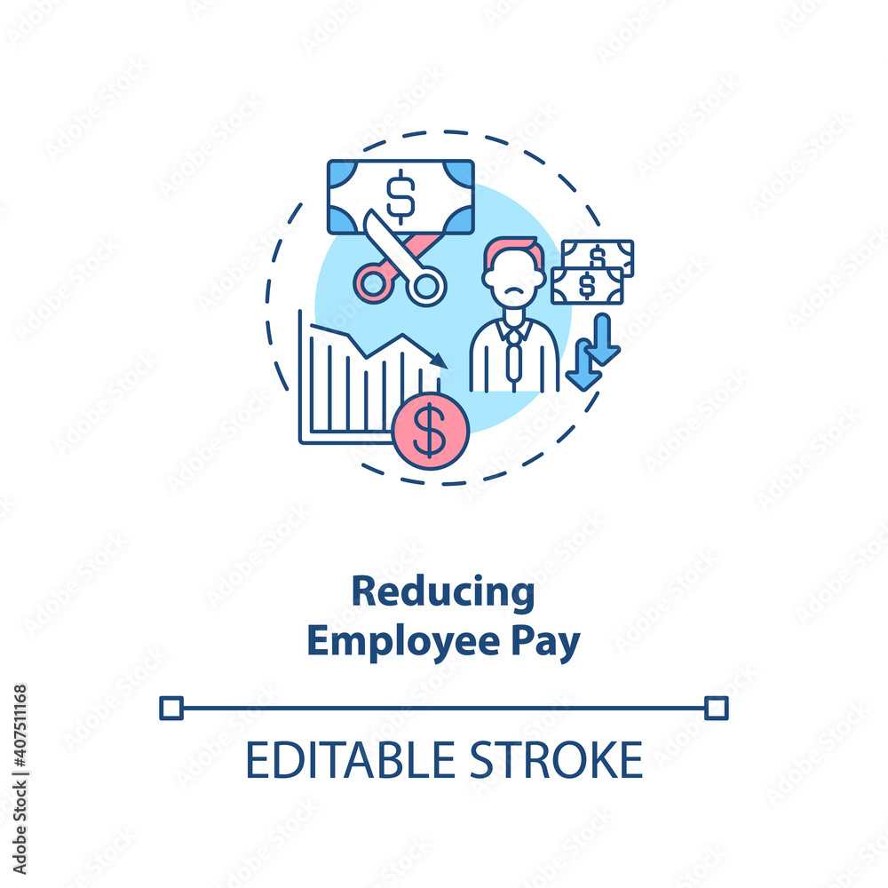 Reducing employee pay concept icon. Cost reduction strategy idea thin line illustration. Company improvement. Value chain components. Vector isolated outline RGB color drawing. Editable stroke