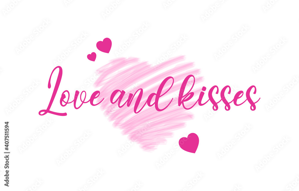 Valentines day background with brush heart pattern and Love and Kisses text. Vector illustration, eps10. Suitable for Wallpapers, flyers, invitation, posters, brochure, banners, cards.
