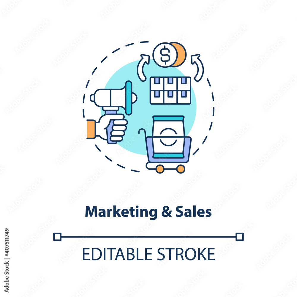 Marketing strategies improvement concept icon. Optimize sales operation idea thin line illustration. Cost cutting measures. Vector isolated outline RGB color drawing. Editable stroke
