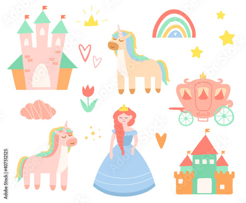 Childish seamless pattern with princess, castle, carriage in scandinavian style. Creative vector childish background for textile. Set of cartoon vector illustrations isolated on white background