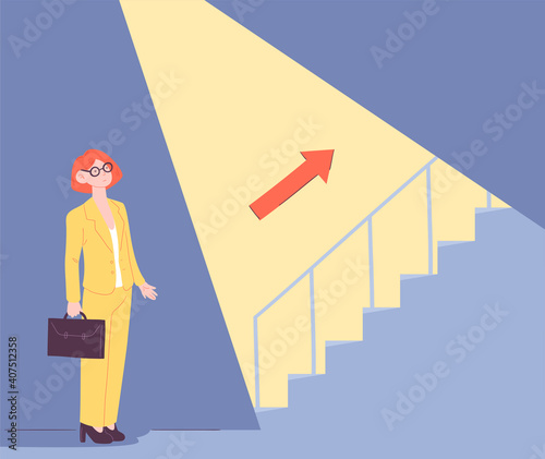 Uncovering career steps abstract concept. Light beam uncovering hidden stairs. Business metaphor. Flat cartoon vector illustration