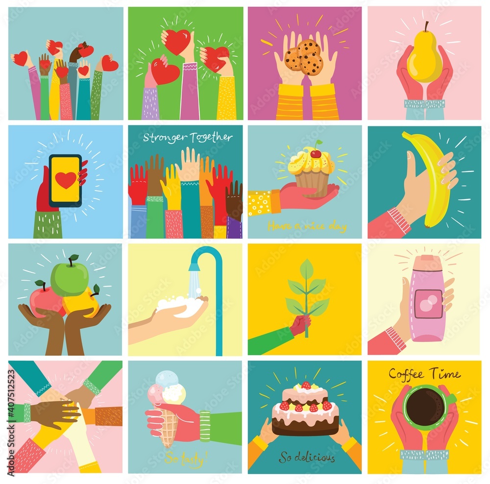 Hand-drawn illustrations of hands holddifferent things, such as smartphone, pizza, ice cream and other things