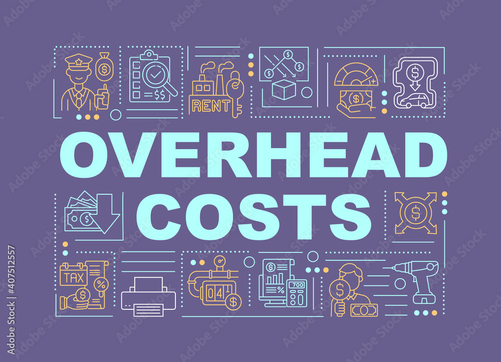 Naklejka premium Overhead costs word concepts banner. Ongoing expense of activities in business. Infographics with linear icons on purple background. Isolated typography. Vector outline RGB color illustration