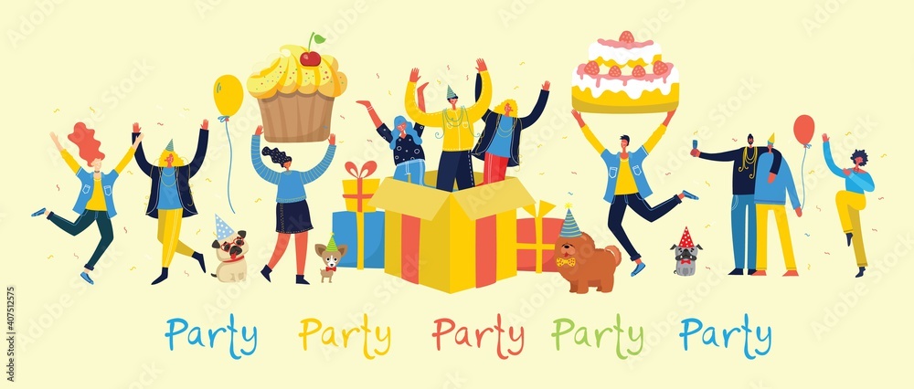 Party background. Happy group of people jumping on a bright background. The concept of friendship, healthy lifestyle, success. Vector illustration Party background. Happy group of people jumping on a bright background. The concept of friendship, healthy lifestyle, success. Vector illustration