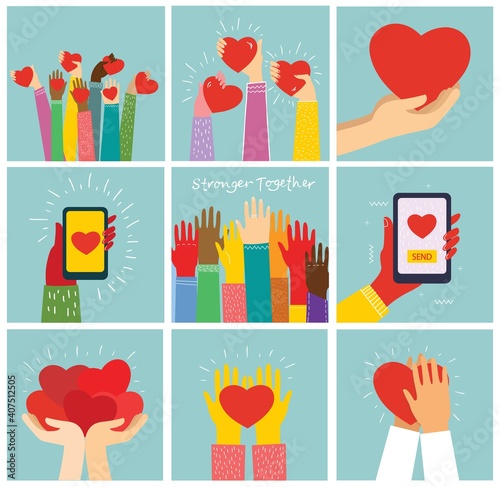 All you need is love. Hands with hearts. Vector illustration.