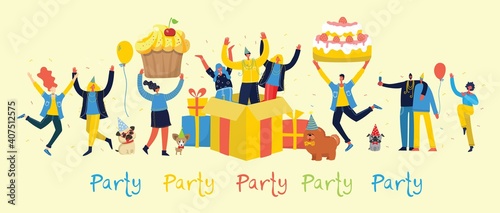 Party background. Happy group of people jumping on a bright background. The concept of friendship, healthy lifestyle, success. Vector illustration © virinaflora