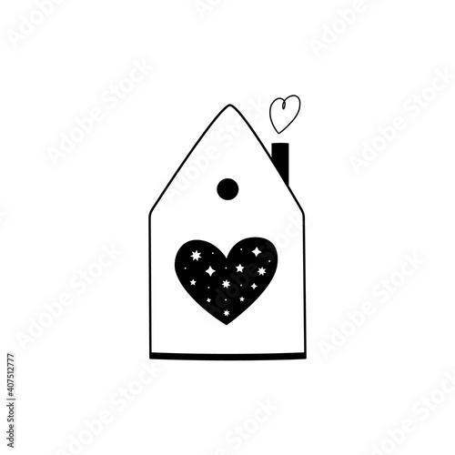 Vector illustration of house with heart. Home logo, icon, badge. Line art, trendy style.