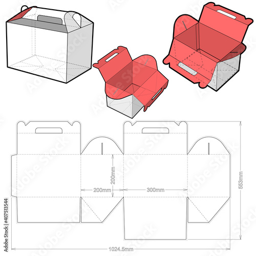 Cake Box with handle (Internal measurement 20x30x20cm)and Die-cut Pattern. The .eps file is full scale and fully functional. Prepared for real cardboard production.