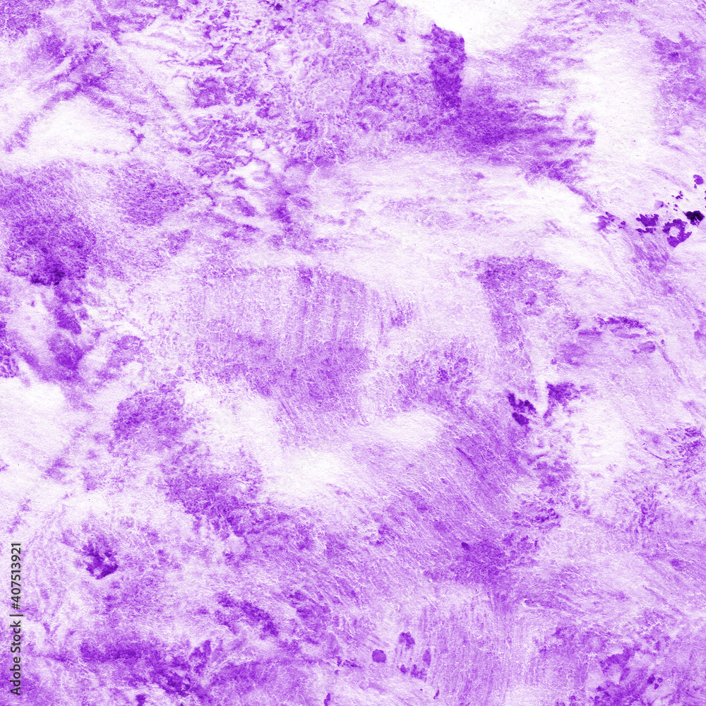 Violet ink and watercolor texture on white paper background. Paint leaks and decalcomania effects. Hand-painted gouache abstract image. Mess on the canvas.