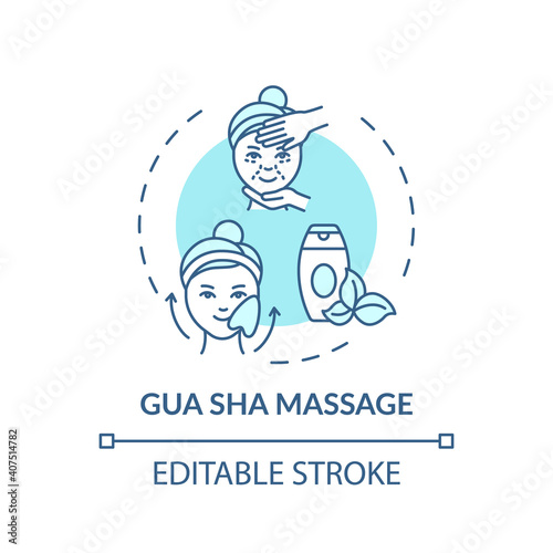 Gua sha massage concept icon. At-home face care procedure idea thin line illustration. Improving blood circulation. Alternative therapy. Vector isolated outline RGB color drawing. Editable stroke