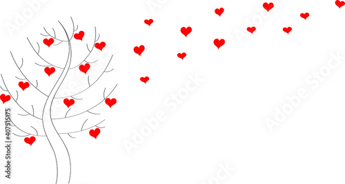 A tree with hearts is drawn in the style of doodle, a sample for a card for Valentine's Day. Web saver for a romantic template, love in nature.