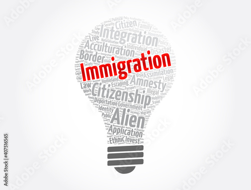 Immigration light bulb word cloud collage , social concept background