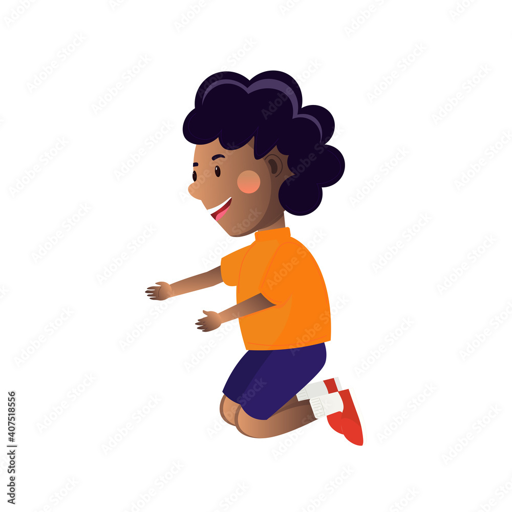 Little african boy wearing shorts, t-shirt and sneackers kneeling. Cartoon vector illustration. Little african boy wearing shorts, t-shirt and sneackers kneeling. Cartoon vector illustration.