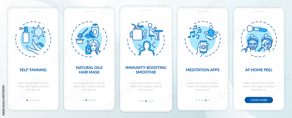 At-home beauty treatments onboarding mobile app page screen with concepts. Immunity boosting, meditation walkthrough 5 steps graphic instructions. UI vector template with RGB color illustrations