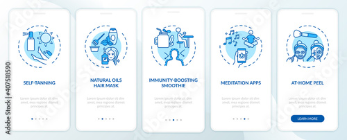 At-home beauty treatments onboarding mobile app page screen with concepts. Immunity boosting, meditation walkthrough 5 steps graphic instructions. UI vector template with RGB color illustrations