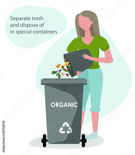 The girl who sorts the trash. Respects the environment and disposes of waste in trash cans, trash cans or containers for recycling and reuse. Zero waste concept