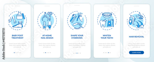 Home beauty treatment onboarding mobile app page screen with concepts. Shaping eyebrows, nail design walkthrough 5 steps graphic instructions. UI vector template with RGB color illustrations