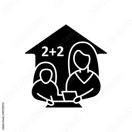 Mathematics lesson glyph line icon. Child teaches math with his mother. Home education concept. Distance learning and home teaching. Isolated silhouette vector illustration