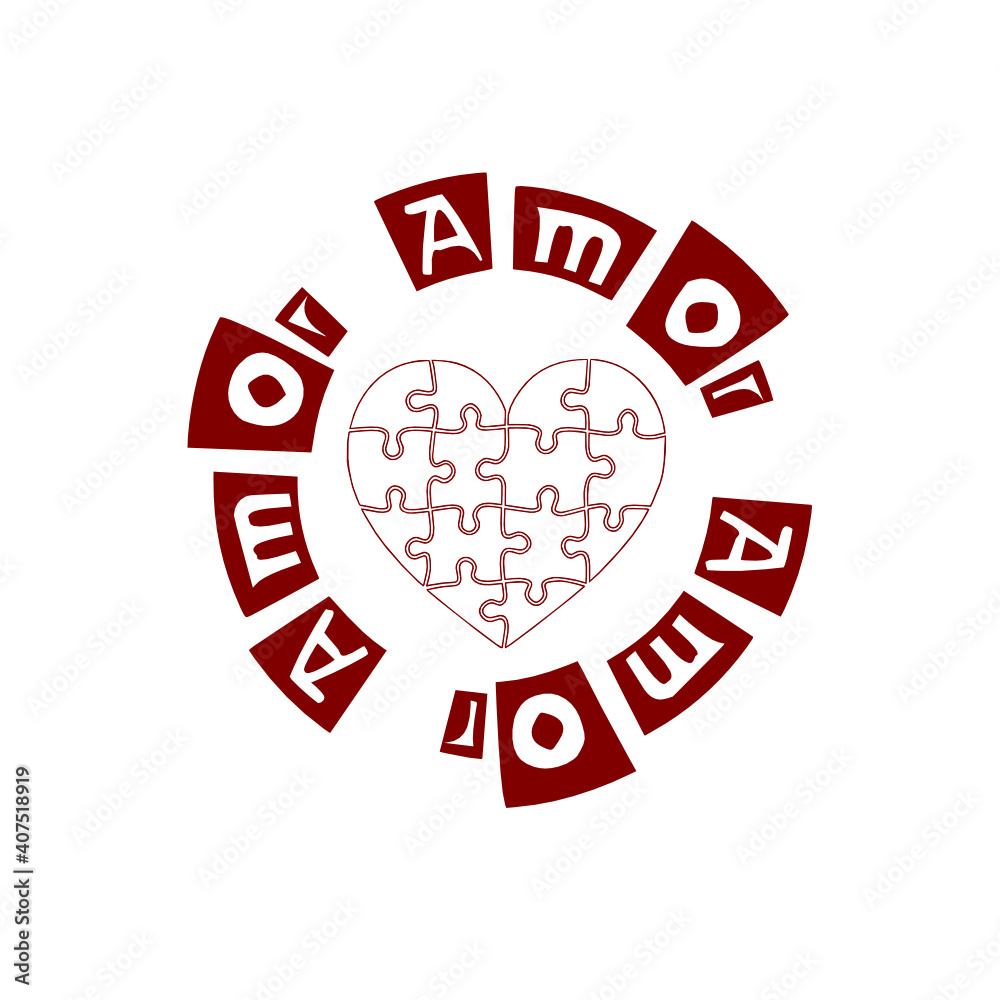  red illustration of heart with puzzle design and word love in Spanish forming circumference.