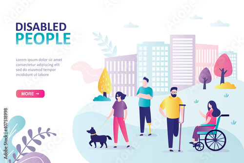 Disabled people, landing page template. Various disabled men and women outdoors. Handicapped characters walk in park,