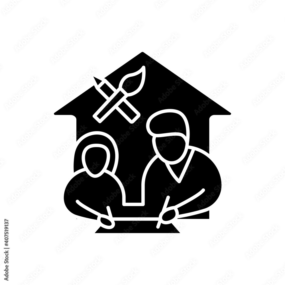 Drawing lesson glyph icon. Child learns to paint with dad. Home education concept. Distant remote teaching and homeschooling. Isolated silhouette vector illustration Drawing lesson glyph icon. Child learns to paint with dad. Home education concept. Distant remote teaching and homeschooling. Isolated silhouette vector illustration
