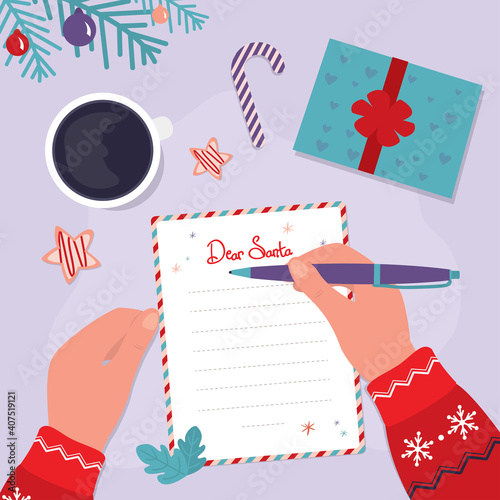 Kid writes letter to Santa Claus. Child hand with pen writes message to Father Christmas. Space for text. Gifts wish list concept