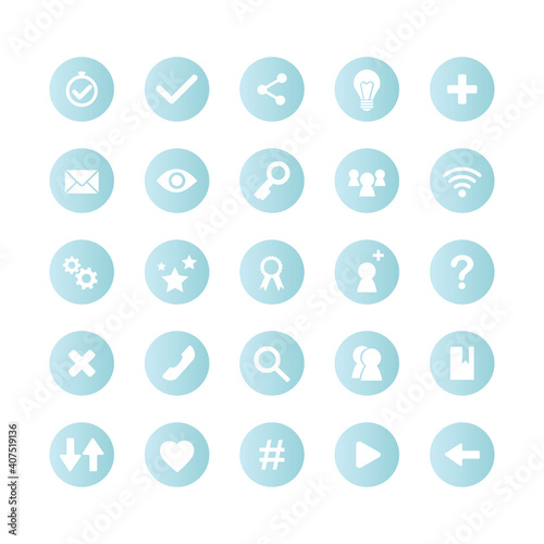 Set of social media icons. 25 icons collection for internet network or mobile application. Web signs template. Pictograms isolated