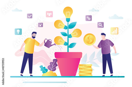 Businessman grows ideas tree. Investor invest in new idea or startup. Concept making money. Each contributes development project.