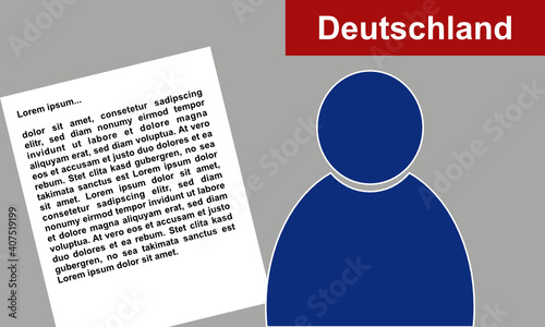 Eine blaue Personenfigur neben einem Schreiben welches schräg angeordnet ist vor grauem Hintergrund und einer roten Fläche mit weißer Schrift Deutschland