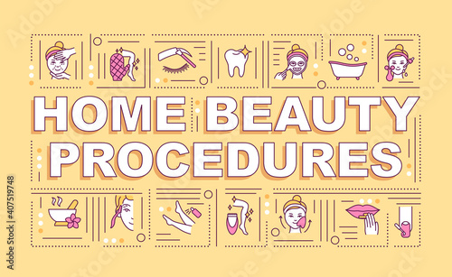 Home beauty procedures word concepts banner. Home nail design. Infographics with linear icons on orange background. Baby foot treatment. Isolated typography. Vector outline RGB color illustration