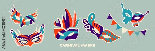 Set of carnival masks in flat style. Vector illustration.