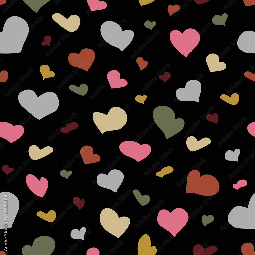 Colorful Hearts Seamless Pattern for Valentine's Day, romantic colncept, print, wrapping, etc.  Black background. Vector illustration.