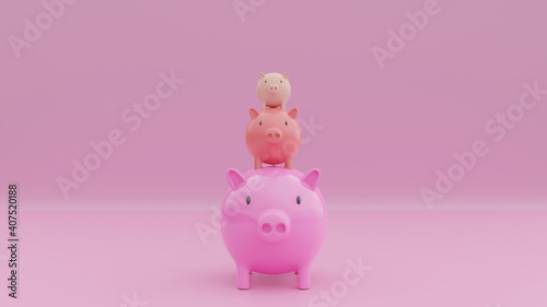 3d Rendering Family piggy bank 3 pink piglets stacked with mother pig and piglet pastel Pink background