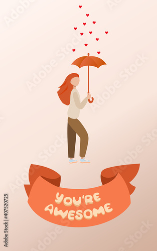 Emotional poster about self therapy. Assured and confident women' moto on being single. Positive mindset for loneliness on 14th February. Inspirational behavior and cozy self love. Rain of  hearts.