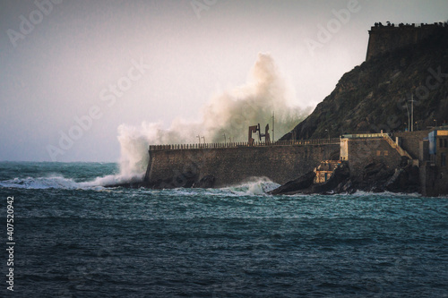Big waves hitting the coast at Donostia-San Sebastian; Basque Country.
