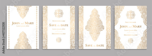 White invitation card with luxury gold pattern design on a grey background. Vintage ornament template. Can be used for flyer, wallpaper, packaging or any desired idea. Elegant vector elements.