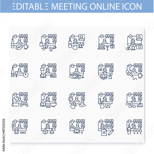 Meeting together line icons set.Online conference concept. Live stream.Social distanced party, concert, workflow, gym and more.Remote video communication.Isolated vector illustrations.Editable stroke