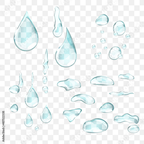 Vector set of water drops on a transparent background. A realistic image of the droplets.