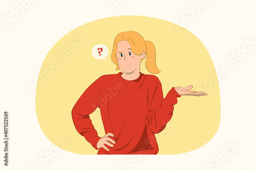 Confused young woman pointing hand aside concept