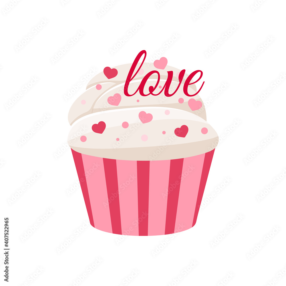 Valentines day cupcake icon isolated on white background. Cute sweets food - party homemade muffin with heart, text love in paper wrapper. Flat design cartoon style tasty dessert vector illustration. Valentines day cupcake icon isolated on white background. Cute sweets food - party homemade muffin with heart, text love in paper wrapper. Flat design cartoon style tasty dessert vector illustration.