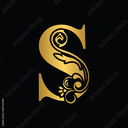 Golden letter S. flower letters. Vintage ornament initial Alphabet. Logo vector	
