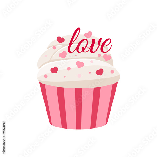 Valentines day cupcake icon isolated on white background. Cute sweets food - party homemade muffin with heart  text love in paper wrapper. Flat design cartoon style tasty dessert vector illustration.