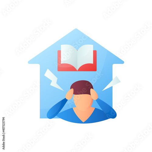  Stress at home flat icon. Dad tired of his child home learning. Online education concept. Distant remote teaching and homeschooling. Isolated color vector illustration 