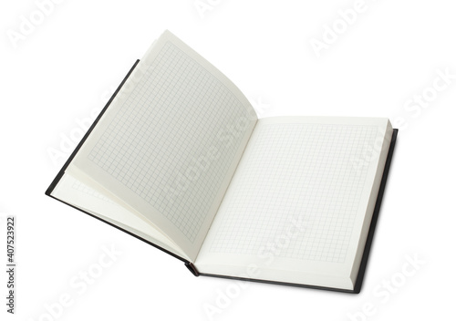 Empty Opened Notebook closeup on white background.